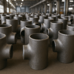 Rows of steel Tee Pipe Fittings neatly arranged in an industrial warehouse, highlighting uniform size and metallic finish for plumbing and industrial pipelines.