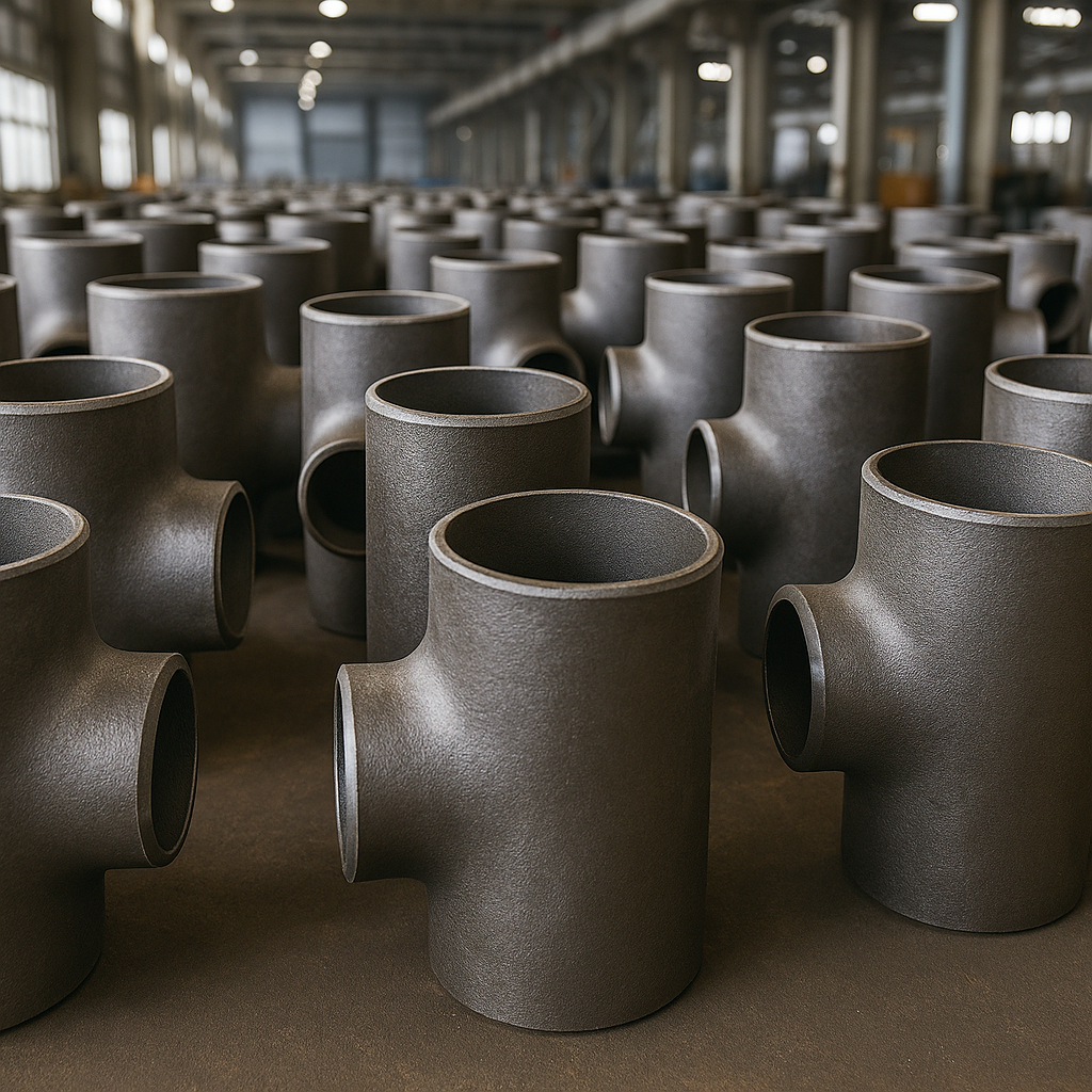 Rows of steel Tee Pipe Fittings neatly arranged in an industrial warehouse, highlighting uniform size and metallic finish for plumbing and industrial pipelines.