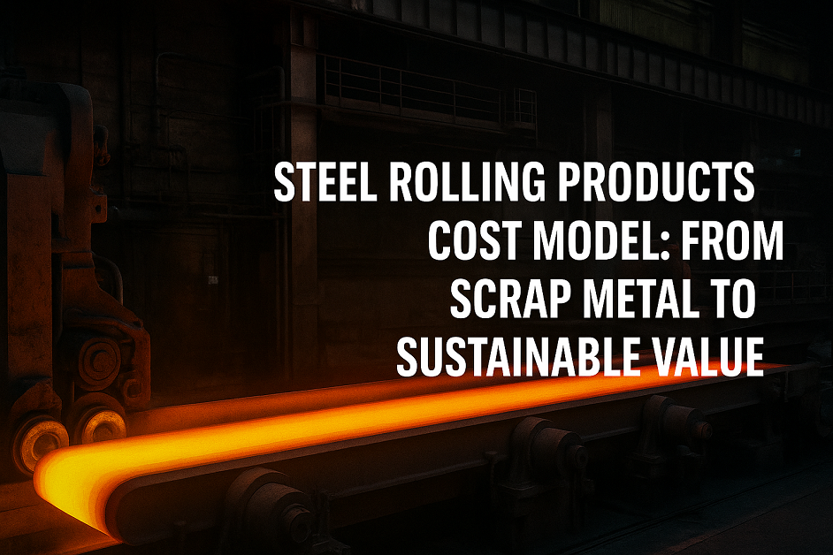 Steel rolling products cost model showing glowing hot steel slab being processed in a rolling mill, transforming scrap metal into sustainable value