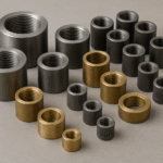 Assortment of coupling pipe fittings in steel and brass, including half, full, reducing, and threaded couplings, displayed neatly on a light gray industrial surface.