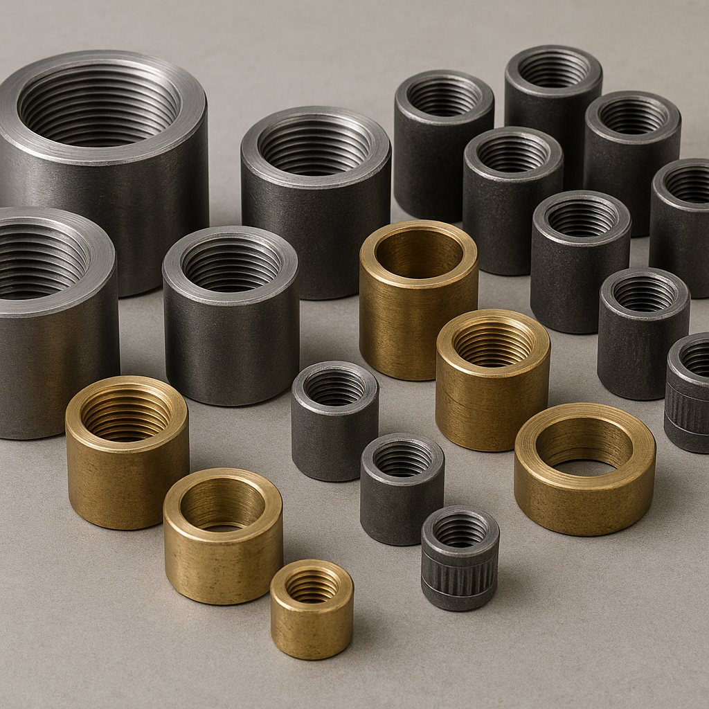 Assortment of coupling pipe fittings in steel and brass, including half, full, reducing, and threaded couplings, displayed neatly on a light gray industrial surface.