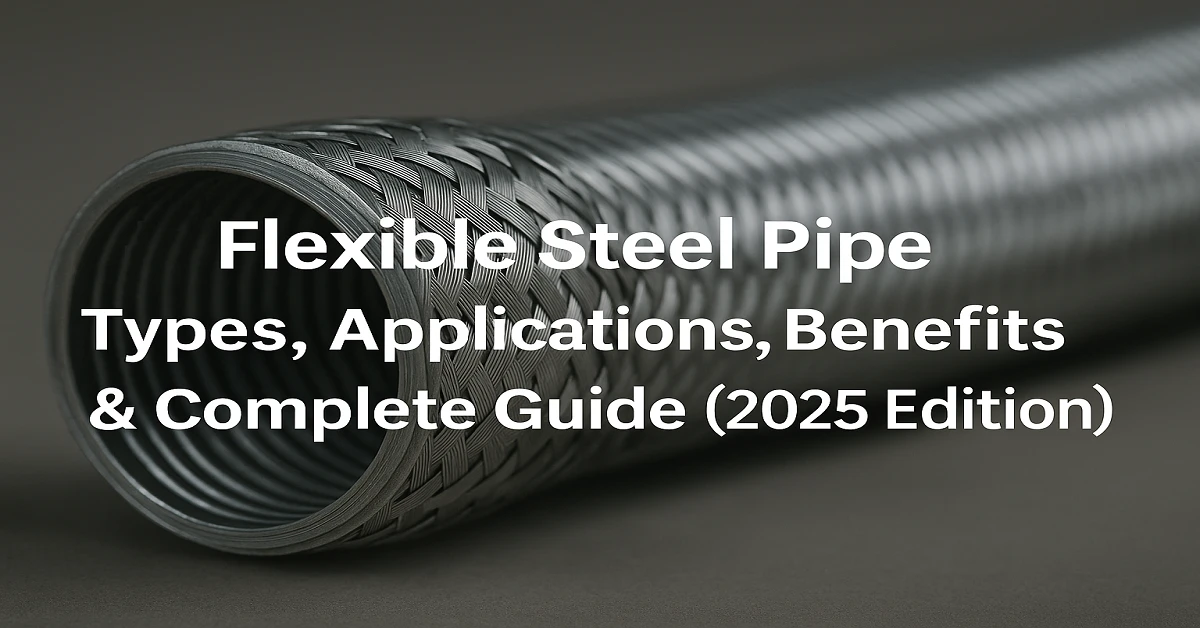 Close-up image of a flexible stainless steel pipe with braided texture, showing industrial detail and title text “Flexible Steel Pipe: Types, Applications, Benefits & Complete Guide (2025 Edition)” overlaid on the photo.