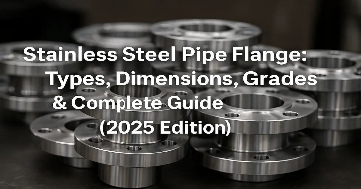 A realistic close-up of multiple stainless steel pipe flanges stacked neatly in an industrial workshop. The polished metallic surfaces reflect light, showing bolt holes and smooth edges, with the title “Stainless Steel Pipe Flange: Types, Dimensions, Grades & Complete Guide (2025 Edition)