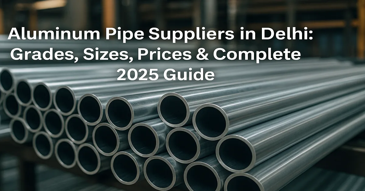 Close-up view of stacked aluminum pipes in a Delhi factory warehouse, showing smooth reflective surfaces and perfect circular edges. The image contains the title text “Aluminum Pipe Suppliers in Delhi: Grades, Sizes, Prices & Complete 2025 Guide