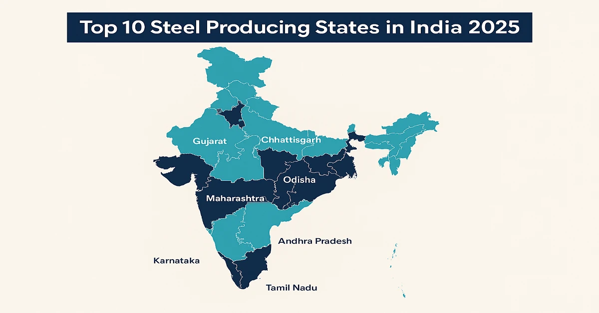 Top 10 steel producing states in India 2025 highlighted on India map showing Odisha, Chhattisgarh, Jharkhand, Karnataka, and other leading steel hubs