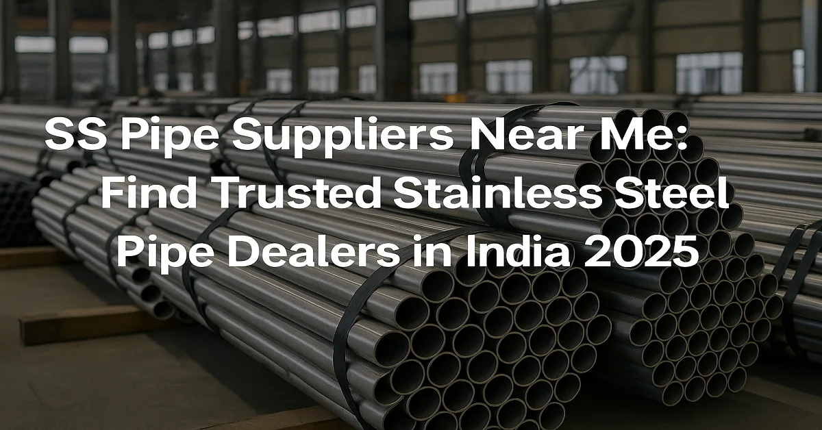 A realistic image showing stainless steel pipes neatly stacked inside an industrial warehouse with workers inspecting them, representing trusted SS pipe suppliers in India 2025.