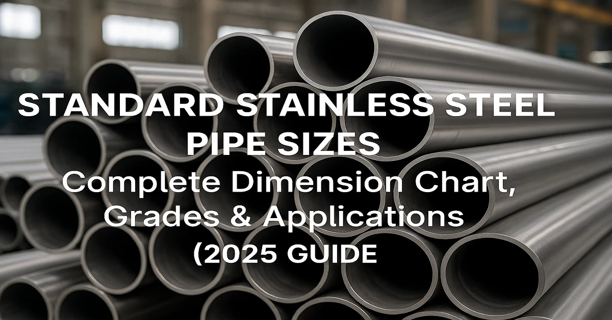 A realistic image showing stainless steel pipes of various diameters stacked neatly in an industrial warehouse, representing standard stainless steel pipe sizes and dimension charts for 2025.