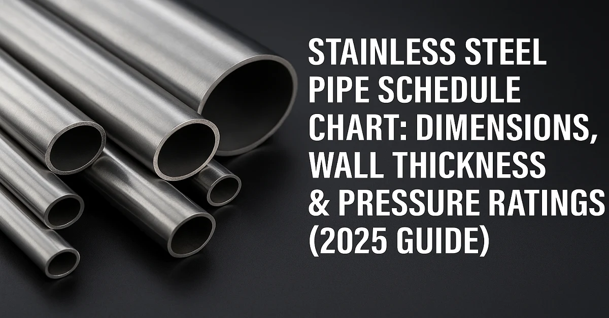 A realistic industrial image showing stainless steel pipes of different diameters and wall thicknesses stacked neatly inside a warehouse, representing the stainless steel pipe schedule chart for 2025.