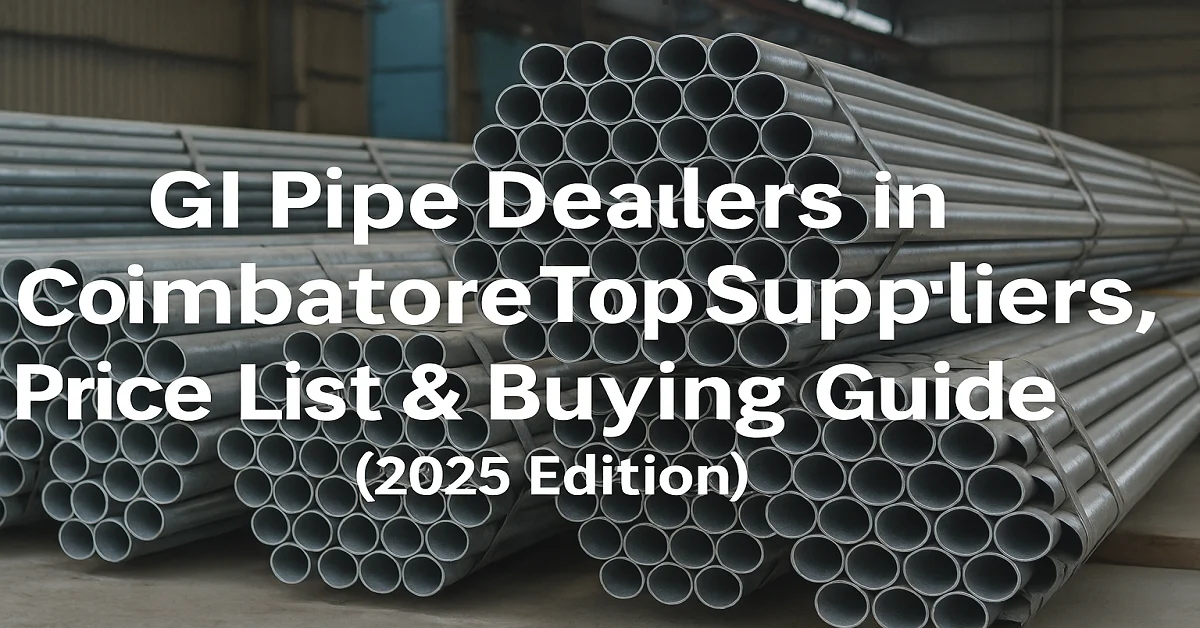 A realistic warehouse scene in Coimbatore with stacks of galvanized iron (GI) pipes labeled and ready for delivery, representing leading GI pipe dealers and suppliers in 2025.