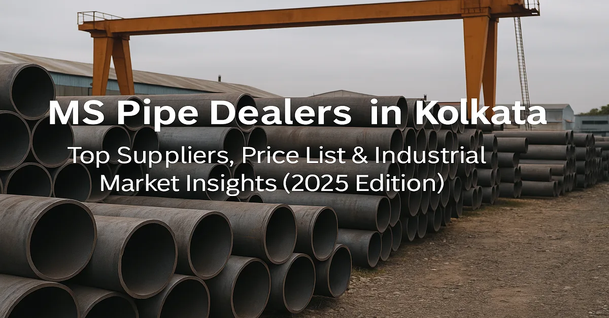 A realistic industrial warehouse in Kolkata filled with stacks of mild steel (MS) pipes of various diameters, representing leading MS pipe dealers and suppliers in 2025.