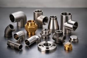 “High-quality pipe fittings including elbows, tees, reducers, and flanges displayed on a steel surface, showcasing stainless steel and brass fittings used in industrial applications.”