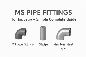 “Three types of industrial pipes including GI pipe, stainless steel pipe, and MS pipe fittings.”