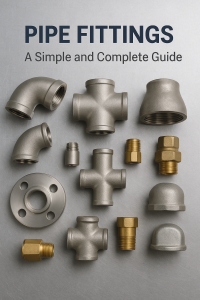 “Industrial pipe fittings including elbows, tees, reducers, crosses, caps, and flanges arranged on a metal surface for a complete pipe fittings guide.”