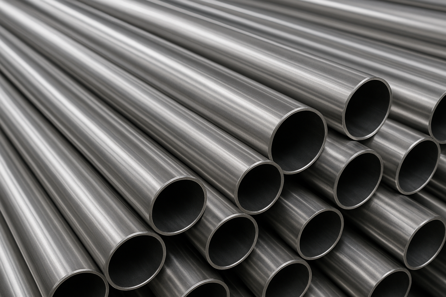 Stacked stainless steel pipes with polished silver surface arranged in a close-up industrial view.