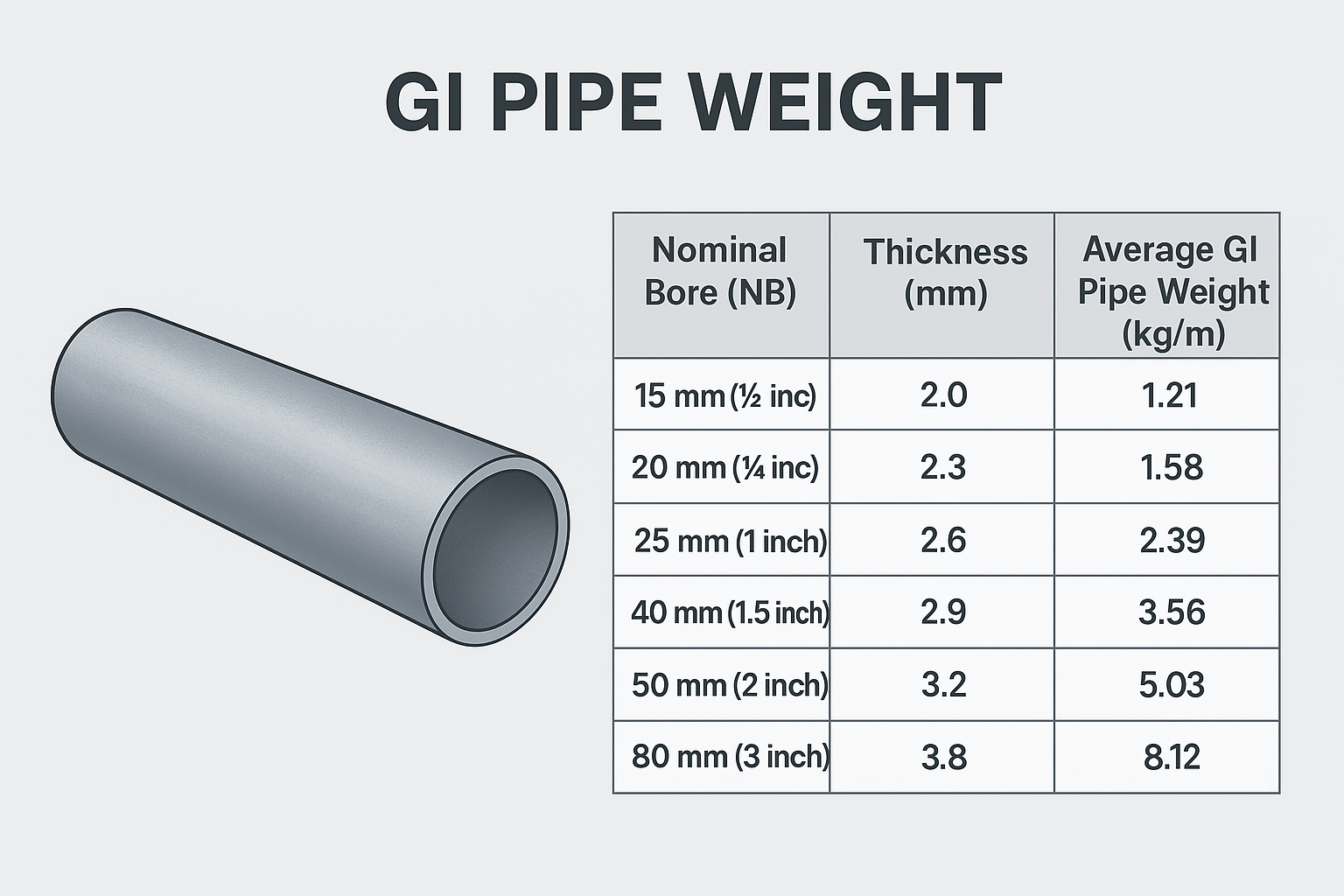 “GI pipe weight chart showing pipe sizes, thickness, and average weight with a 3D GI pipe illustration.”