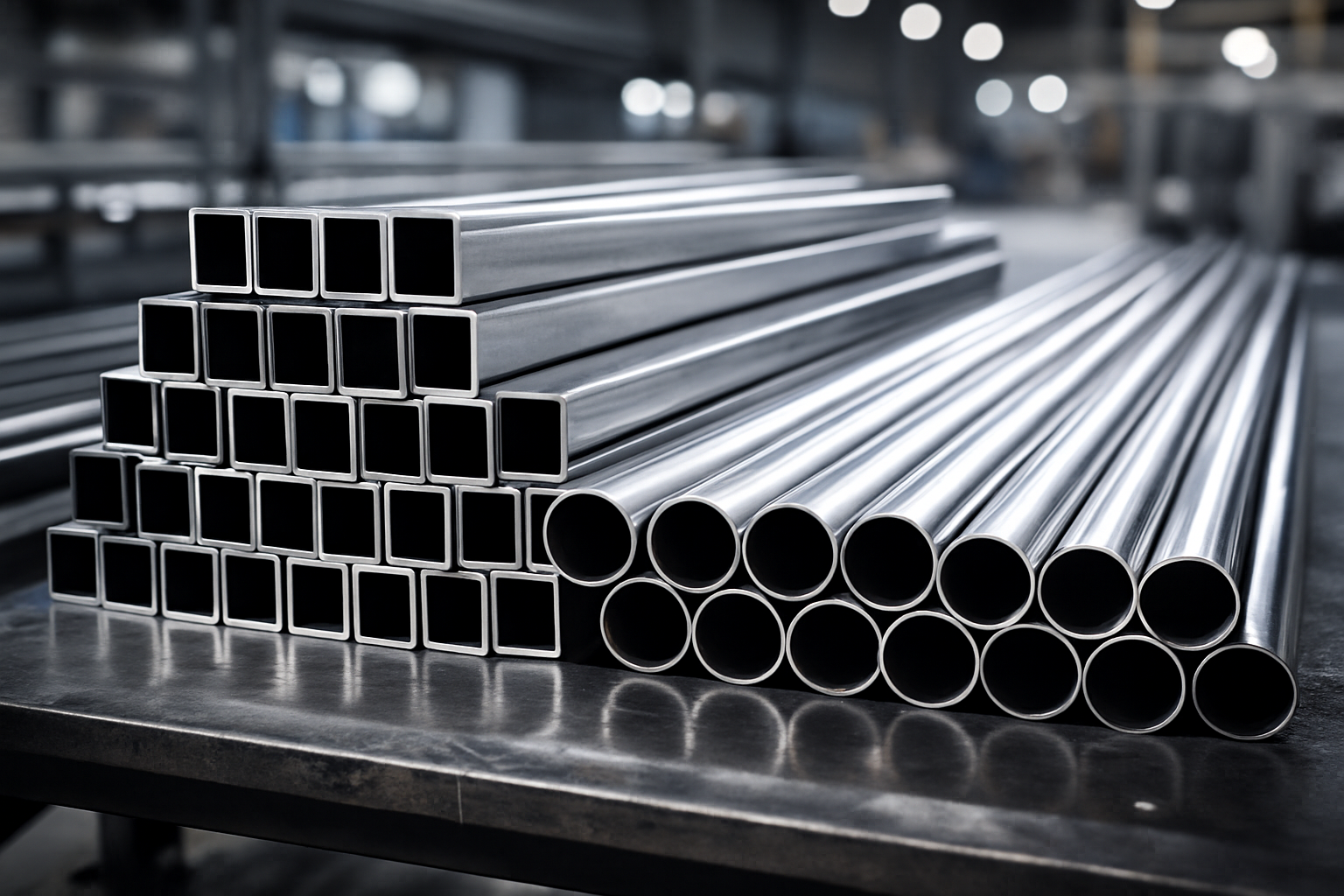 Stacked square ss pipe on an industrial warehouse floor
