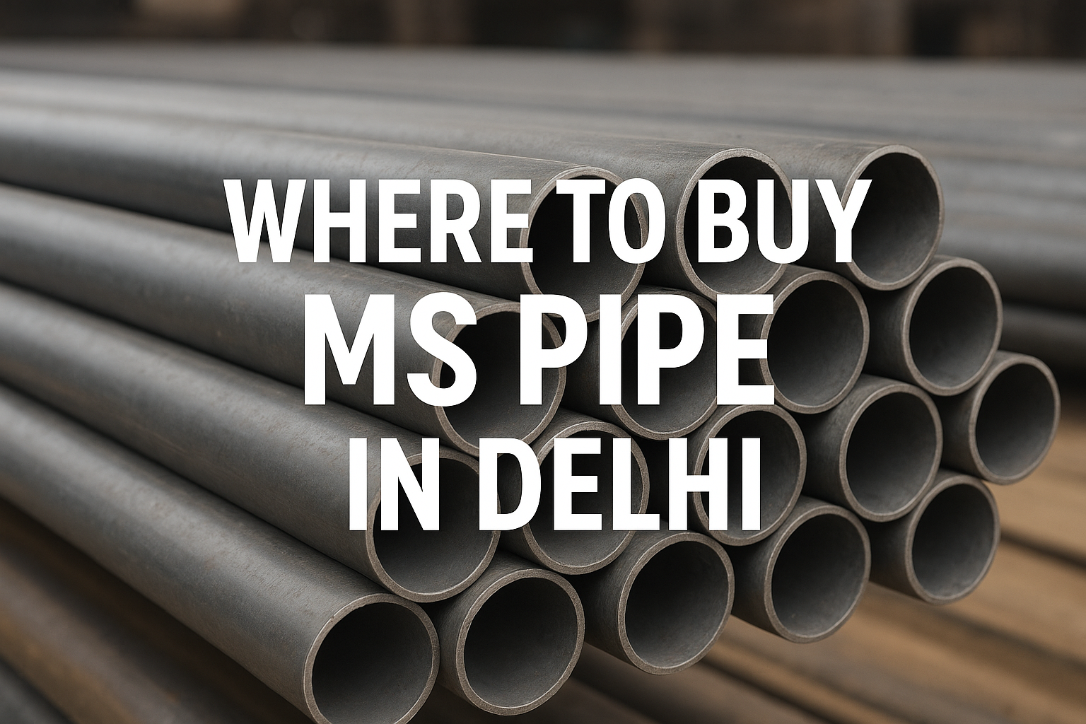 Mild steel pipes stacked in rows with bold white text overlay reading “Where to Buy MS Pipe in Delhi.”