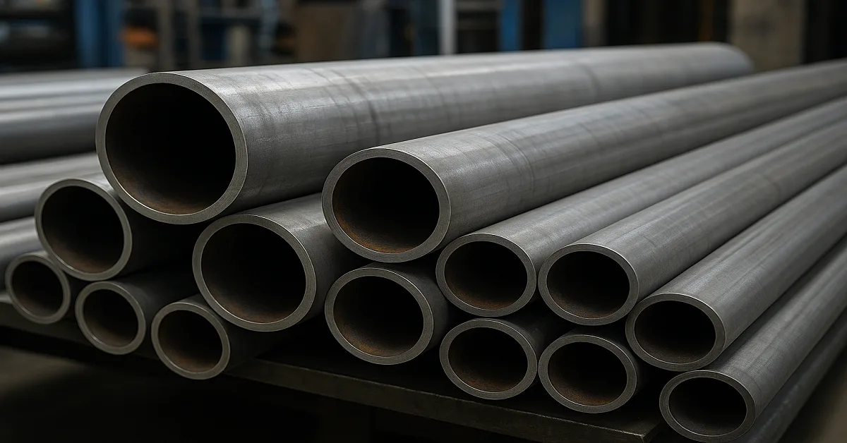 Steel pipes of different diameters stacked in a warehouse, showing smooth metallic surfaces and thickness variations used for industrial and construction purposes.