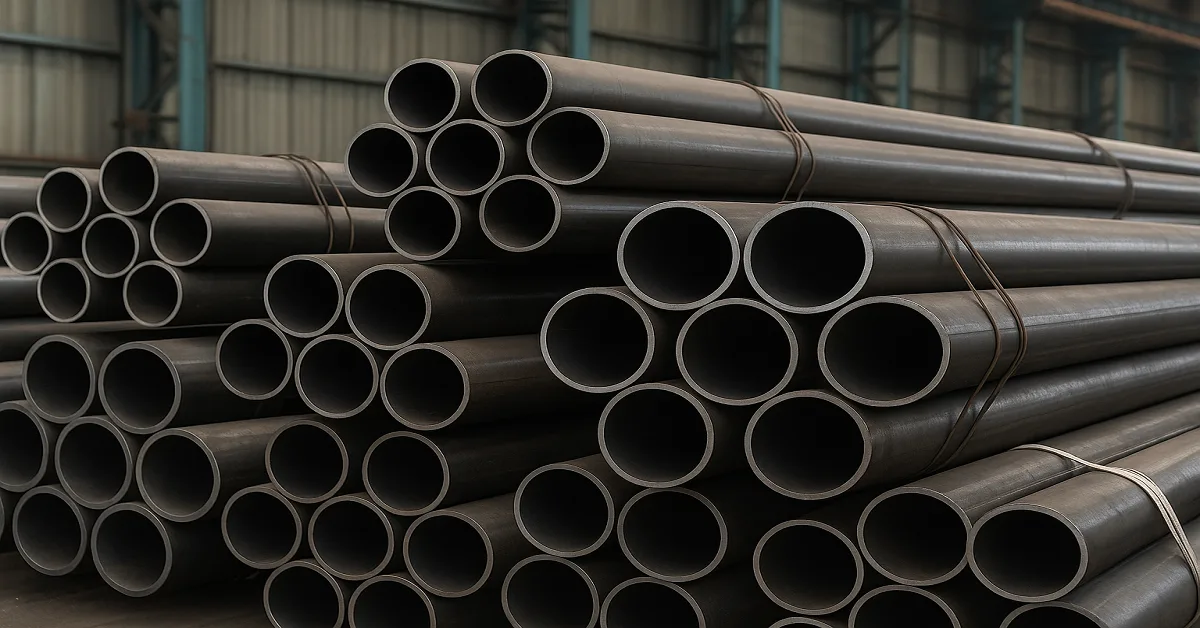 MS steel pipes of various diameters stacked in bundles inside an Indian manufacturing warehouse, showing smooth metallic surfaces and industrial quality finish.