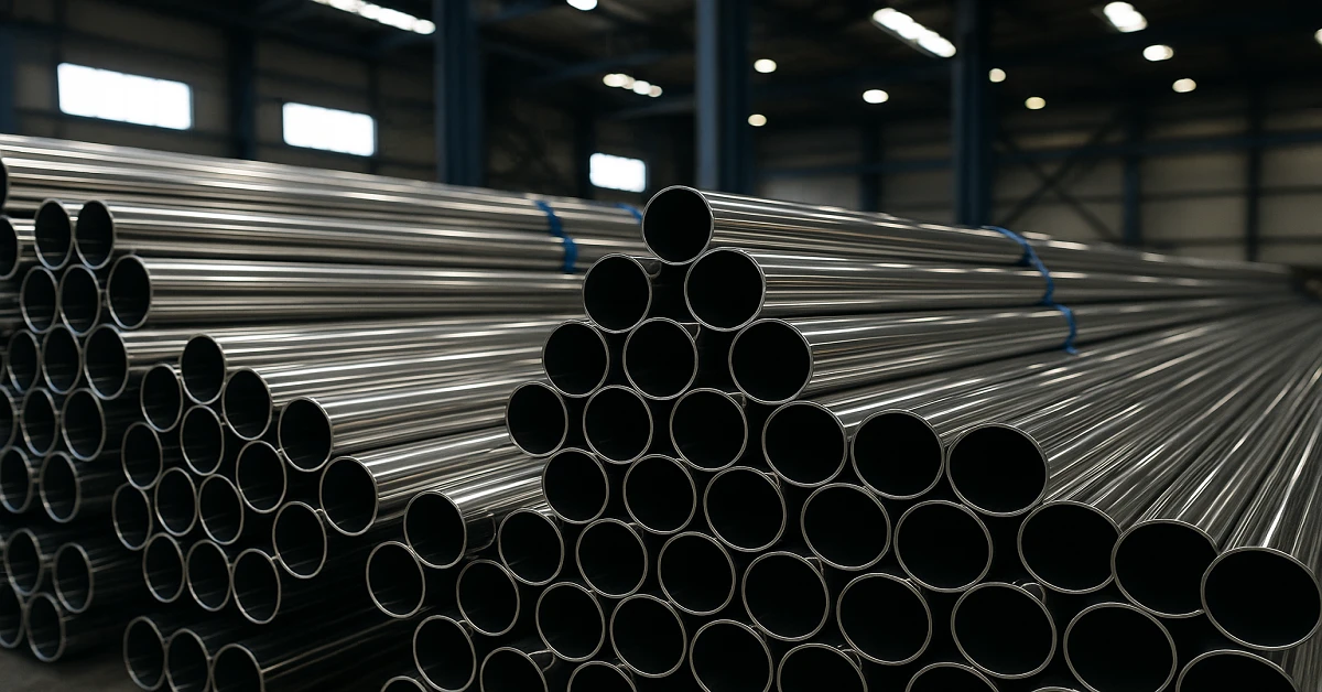 Polished stainless steel pipes stacked in bundles inside an industrial warehouse in India, showing reflective finish and multiple diameters.