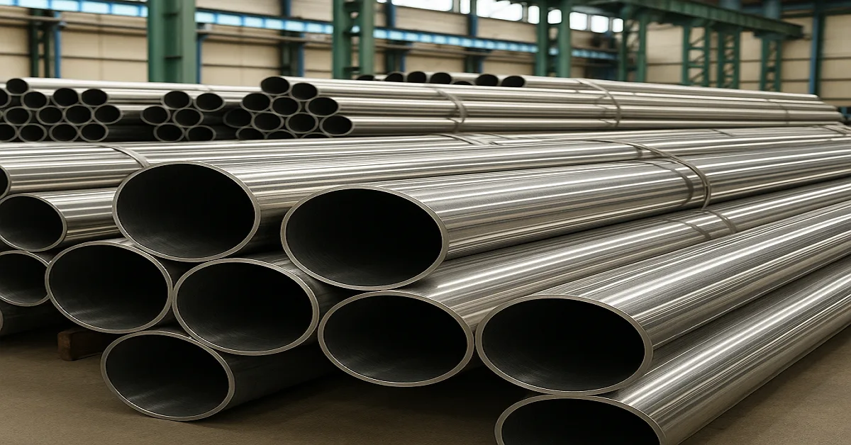 Stainless steel pipes stacked neatly in an Indian factory, showing reflective surfaces and uniform sizes, manufactured by Jindal Stainless.