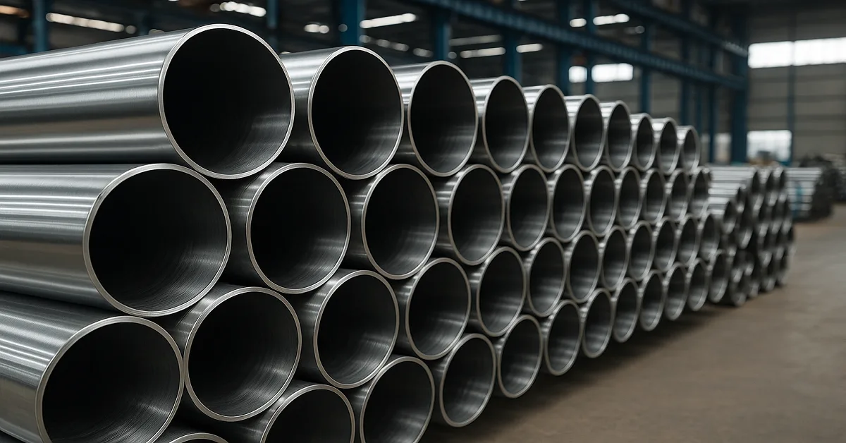 Shiny 304 stainless steel pipes arranged in bundles inside a factory, reflecting smooth metallic surfaces of different diameters.