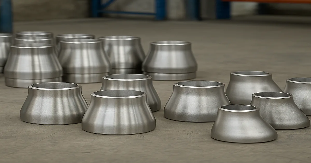 Multiple stainless steel pipe reducers of different diameters displayed on a factory floor, showing polished metallic surfaces and uniform shapes.