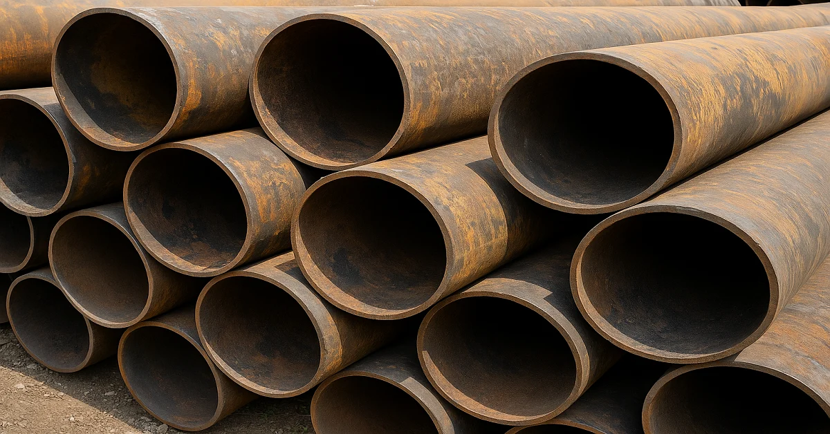Stack of 16 to 20 inch diameter scrap steel pipes arranged in an open yard in Ghaziabad, India, showing rusted metallic texture and industrial background.