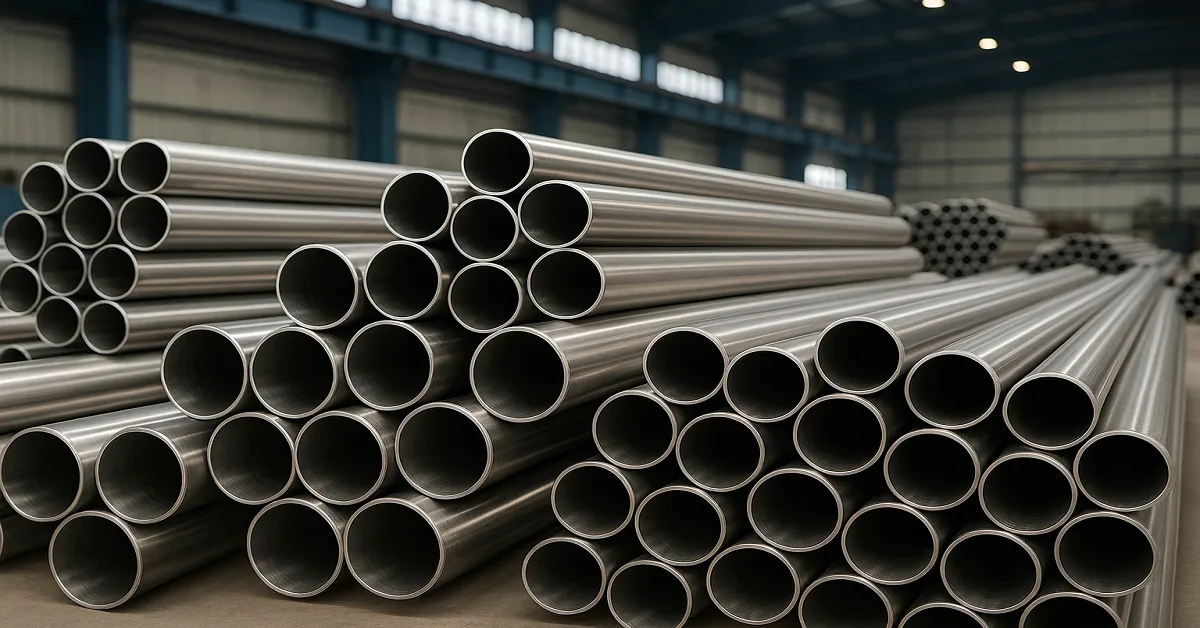 Stainless steel pipes stacked in bundles inside an industrial warehouse in India, showing shiny polished surfaces and different diameters.