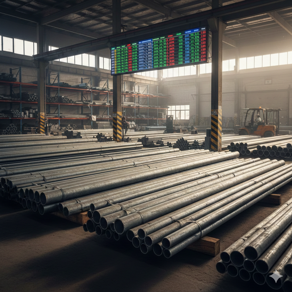 Stacked MS pipes in a warehouse below a digital ticker displaying real-time MS pipe rates.