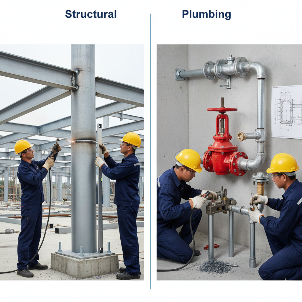 Industrial setting showing an array of black and galvanized Mild Steel (MS) pipes, structural support trusses, and control valves, illustrating components for construction and plumbing applications.