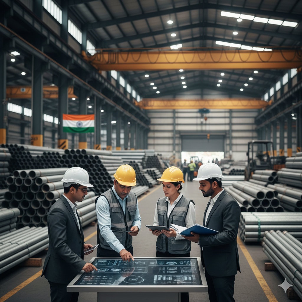 Indian industrial buyers and suppliers discussing GI pipe procurement in a large warehouse.