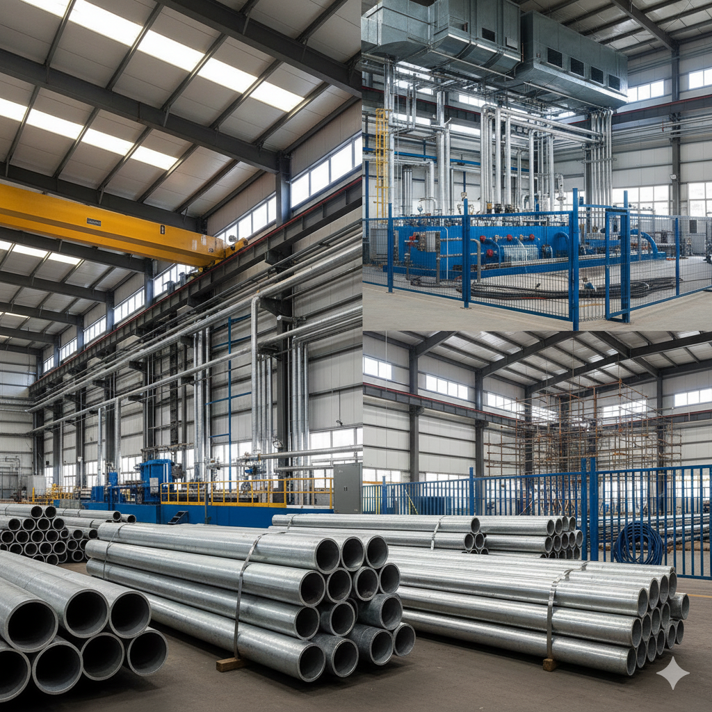 Stacks of galvanized iron (GI) pipes in an industrial warehouse with overhead piping and machinery.