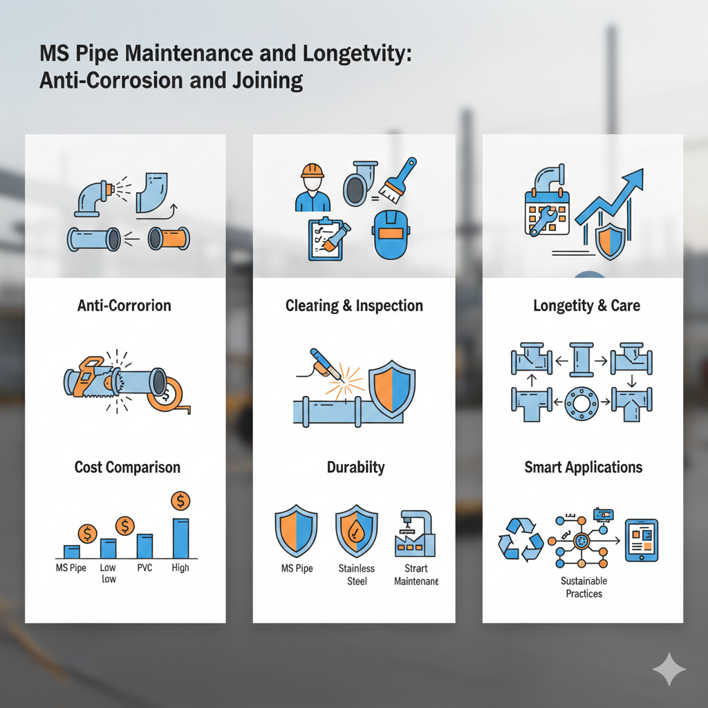 ndustrial layout featuring stacks of galvanized and black Mild Steel (MS Pipe) in different diameters, alongside structural elements, illustrating the material's advantage across various Uses and applications.