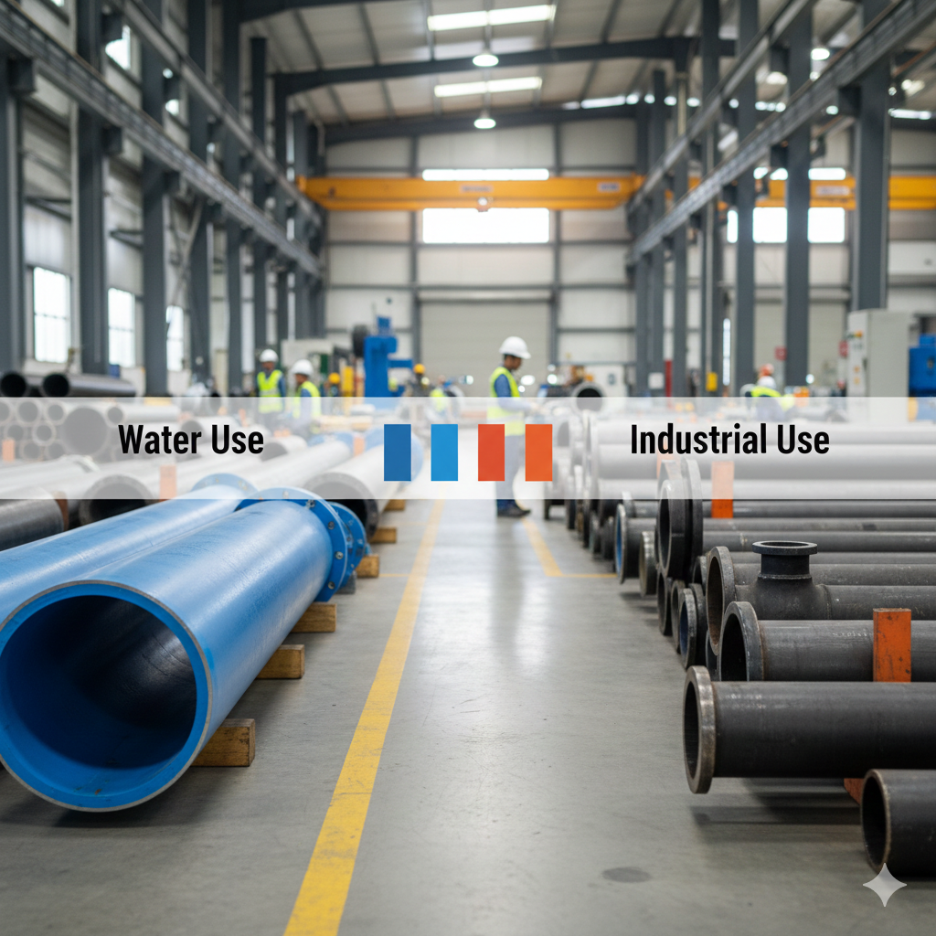 Bundled MS Pipe for Water and heavy Industrial Use stacked in a warehouse with inventory documents."