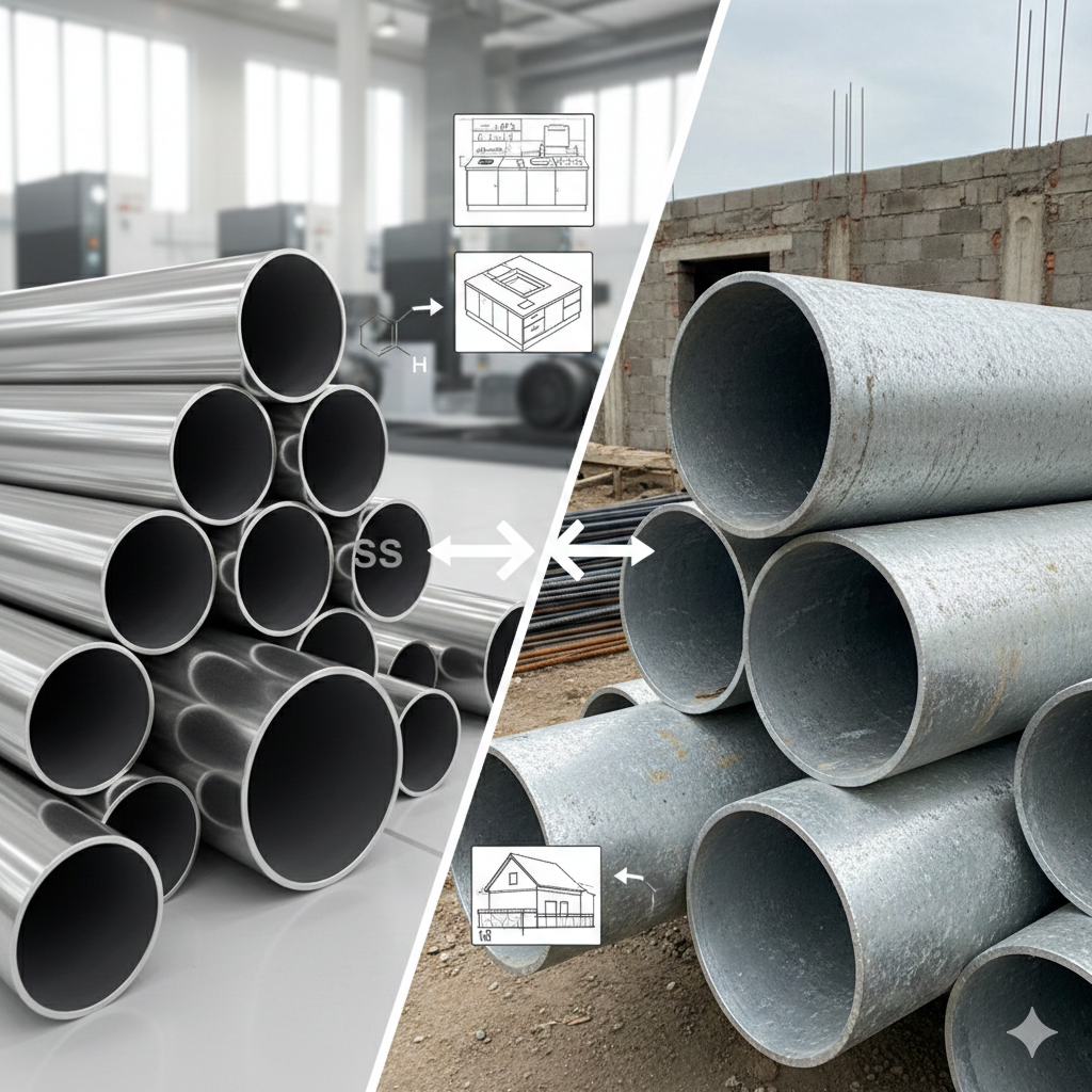 A split image showing the difference between shiny, stacked Stainless Steel (SS) pipes on the left and rough, gray, stacked Galvanized Iron (GI) pipes on the right, with arrows and simple diagrams indicating their common applications (e.g., kitchen/interior for SS, construction/exterior for GI).