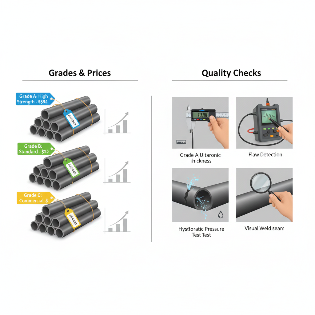Industrial setting with various black and galvanized Mild Steel (MS Pipe) arranged by size and type, illustrating visual checks for material Grades and quality assessment.