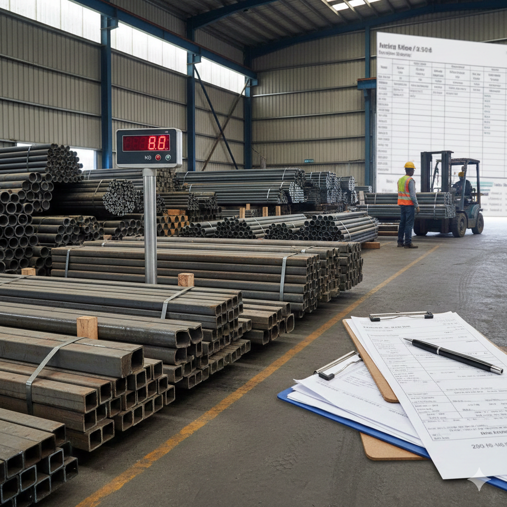 Warehouse scene showing various MS pipes, a weighing scale, and documents for price rates per Kg, 20 feet lengths, and bulk pricing."