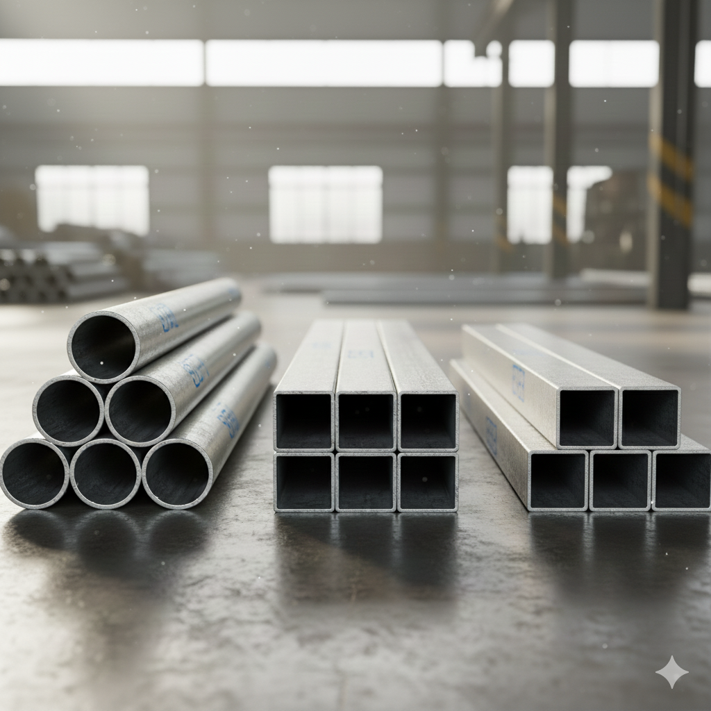 : Galvanized Iron (GI) pipes stacked in round, square, and rectangular shapes in a warehouse.