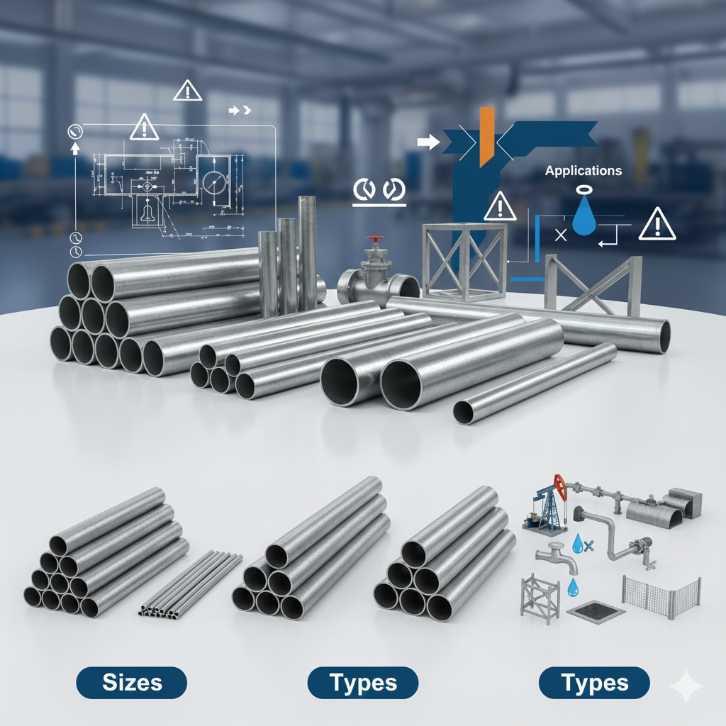 Assortment of Mild Steel (MS) Pipe demonstrating different Sizes and Types, with a graphic overlay showing Applications like structural support and liquid transfer.