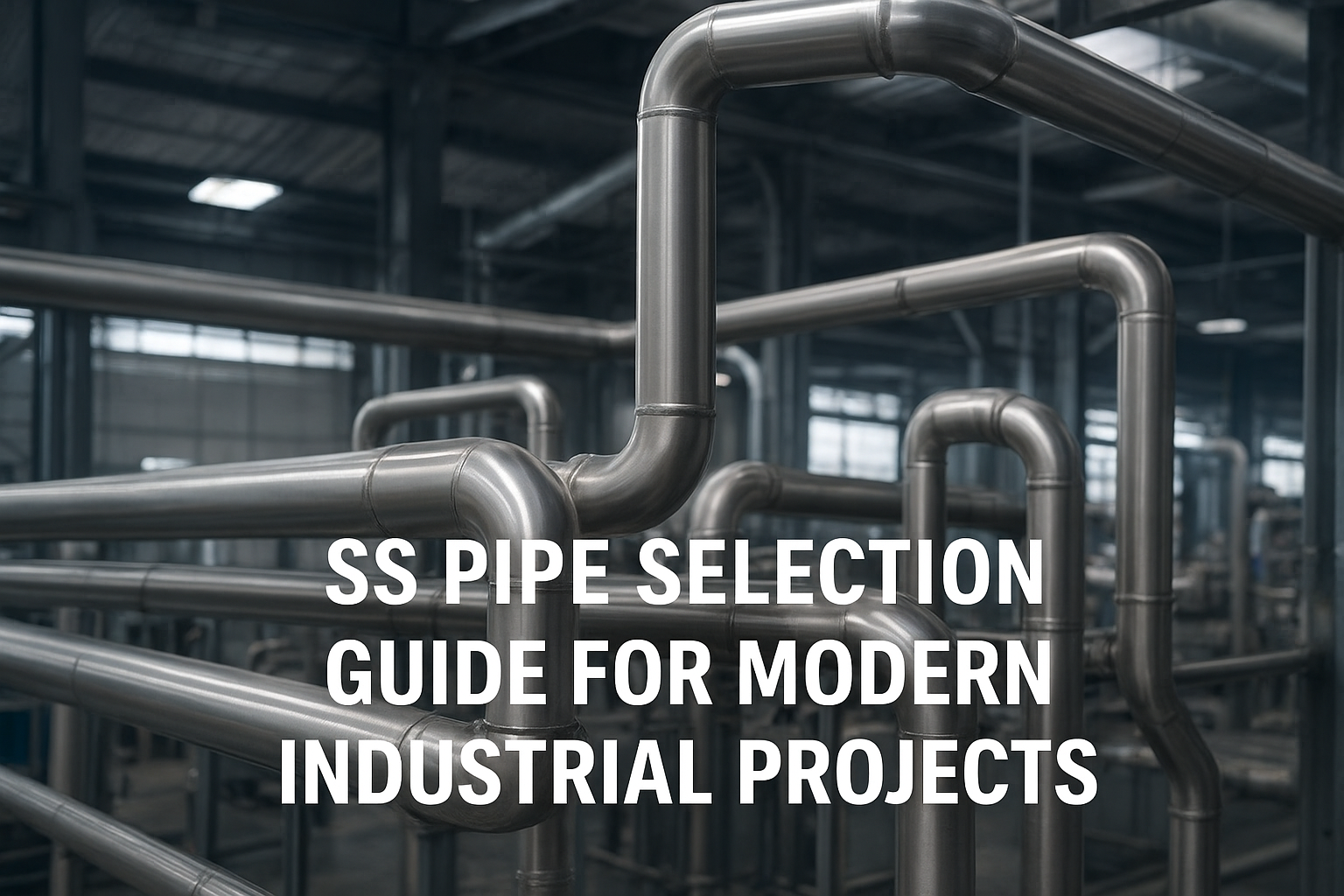 Stainless steel pipes arranged in an industrial facility used for SS pipe selection guide.