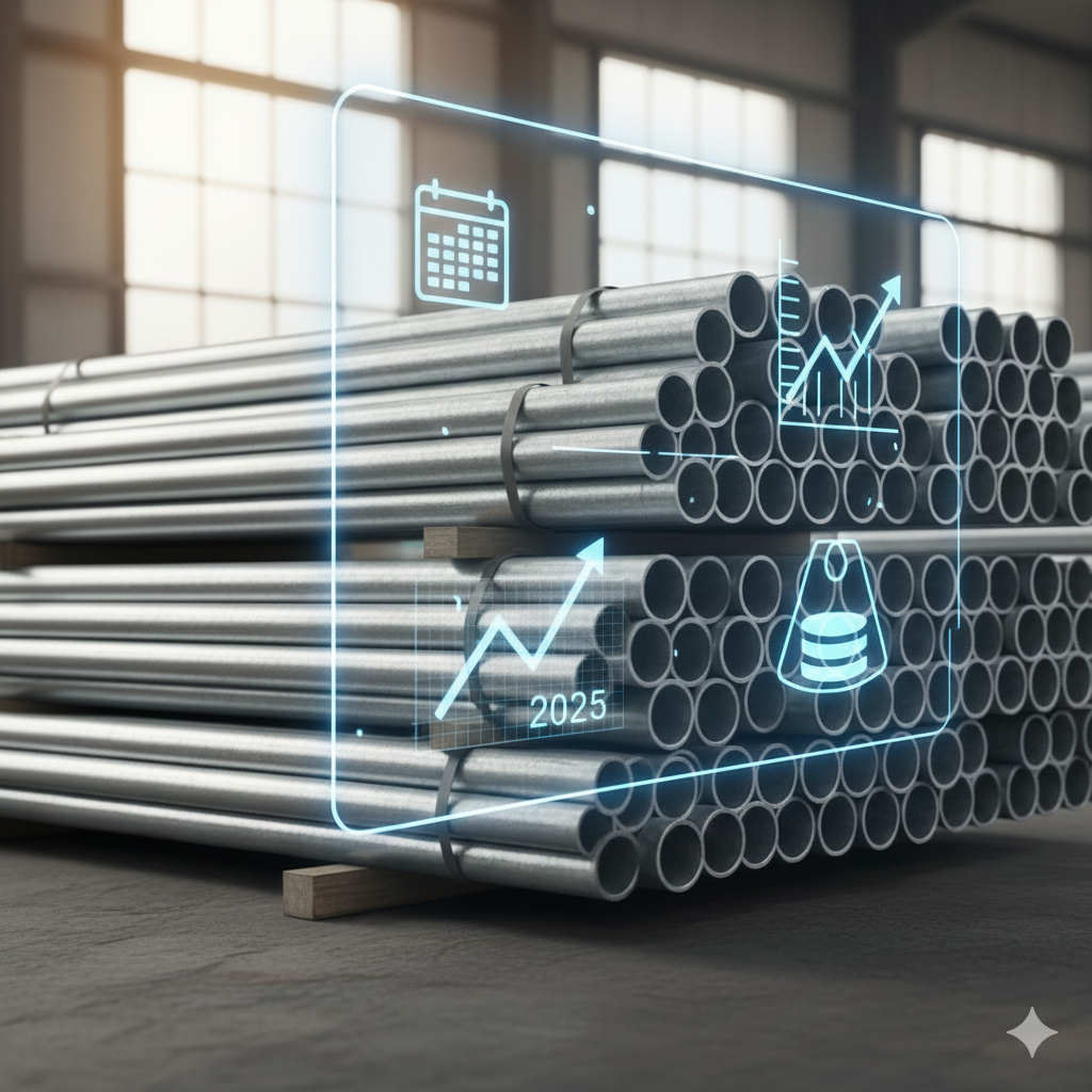 Stacked 3-inch galvanized pipes in a warehouse with a graphic overlay symbolizing a 2025 price forecast.