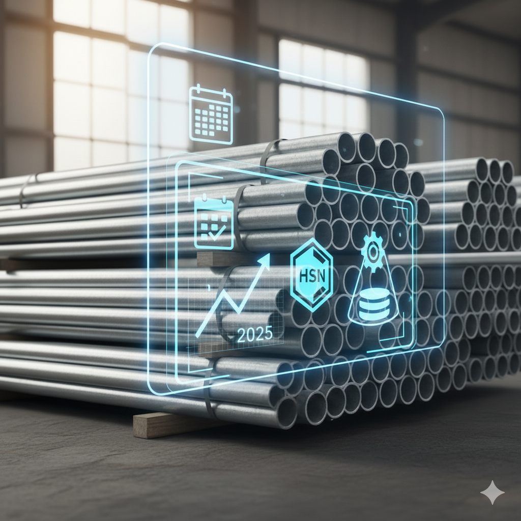 Stacked 2-inch GI pipes in a warehouse with a graphic overlay symbolizing a price and weight guide.