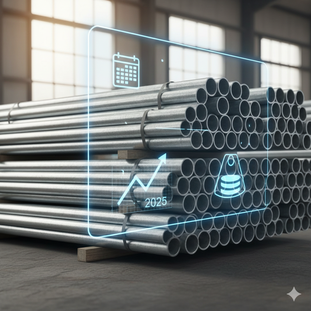 Stacked 2-inch GI pipes in a factory with a graphic overlay symbolizing 2025 price and weight forecast.