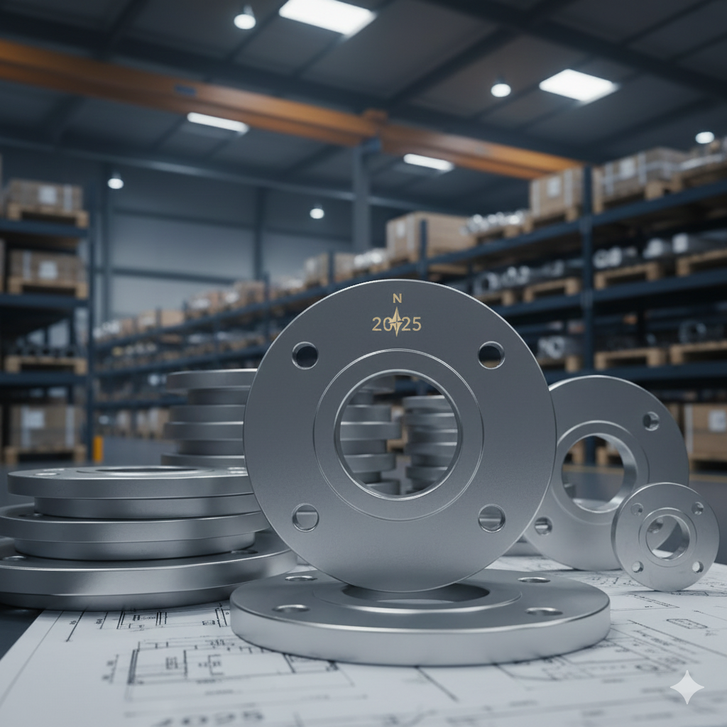 Stacked galvanized iron (GI) pipe flanges and a compass symbol resting on blueprints in an industrial warehouse setting.