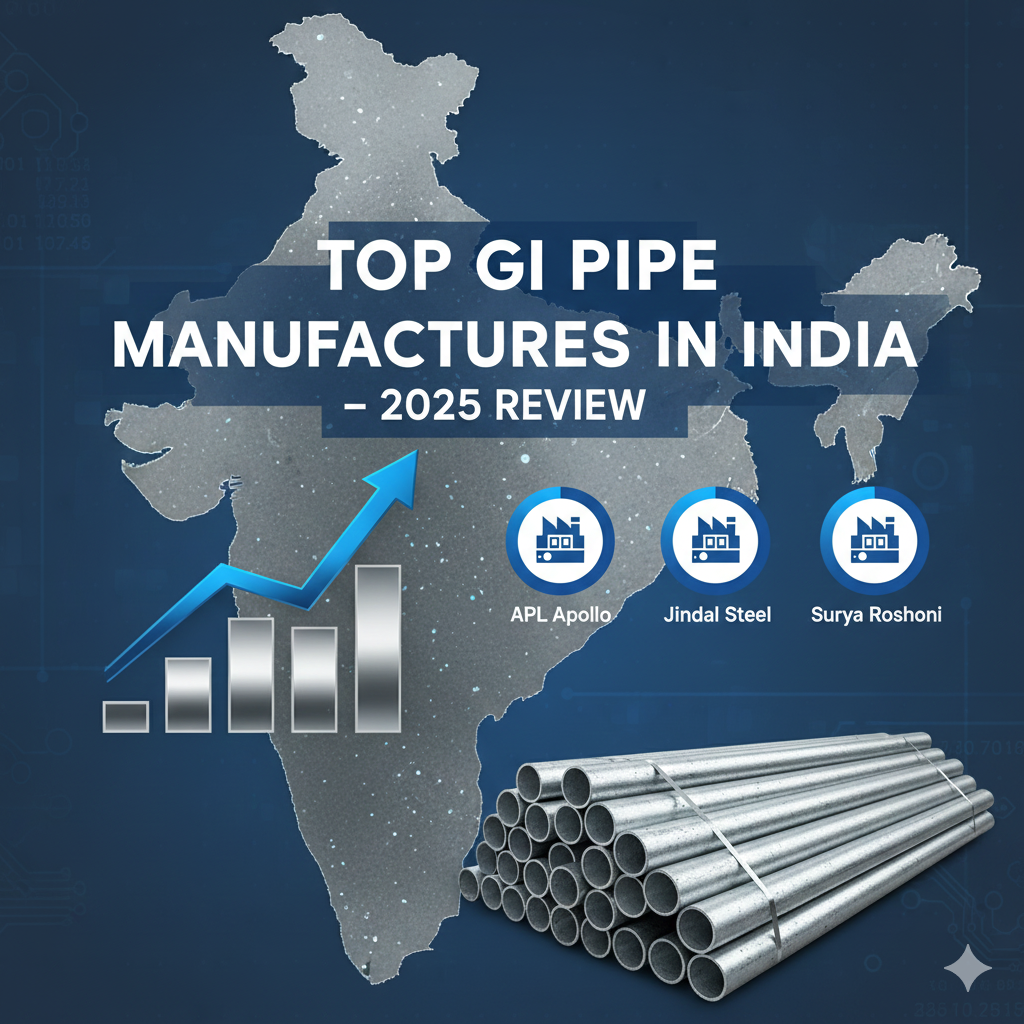 Image of galvanized (GI) pipes stacked in a factory setting in India.