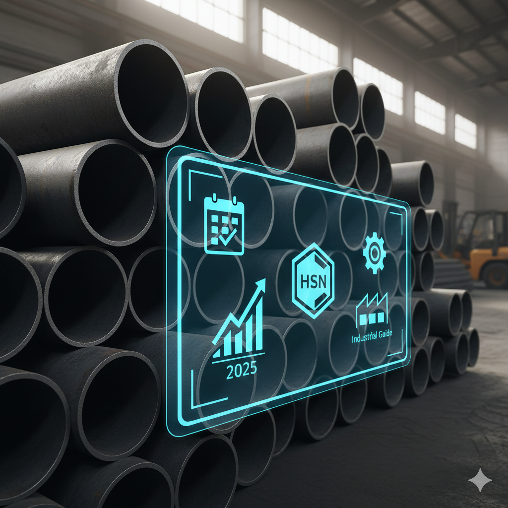 Stacked MS C Class pipes in a factory with a graphic overlay symbolizing a 2025 industrial price guide and codes.