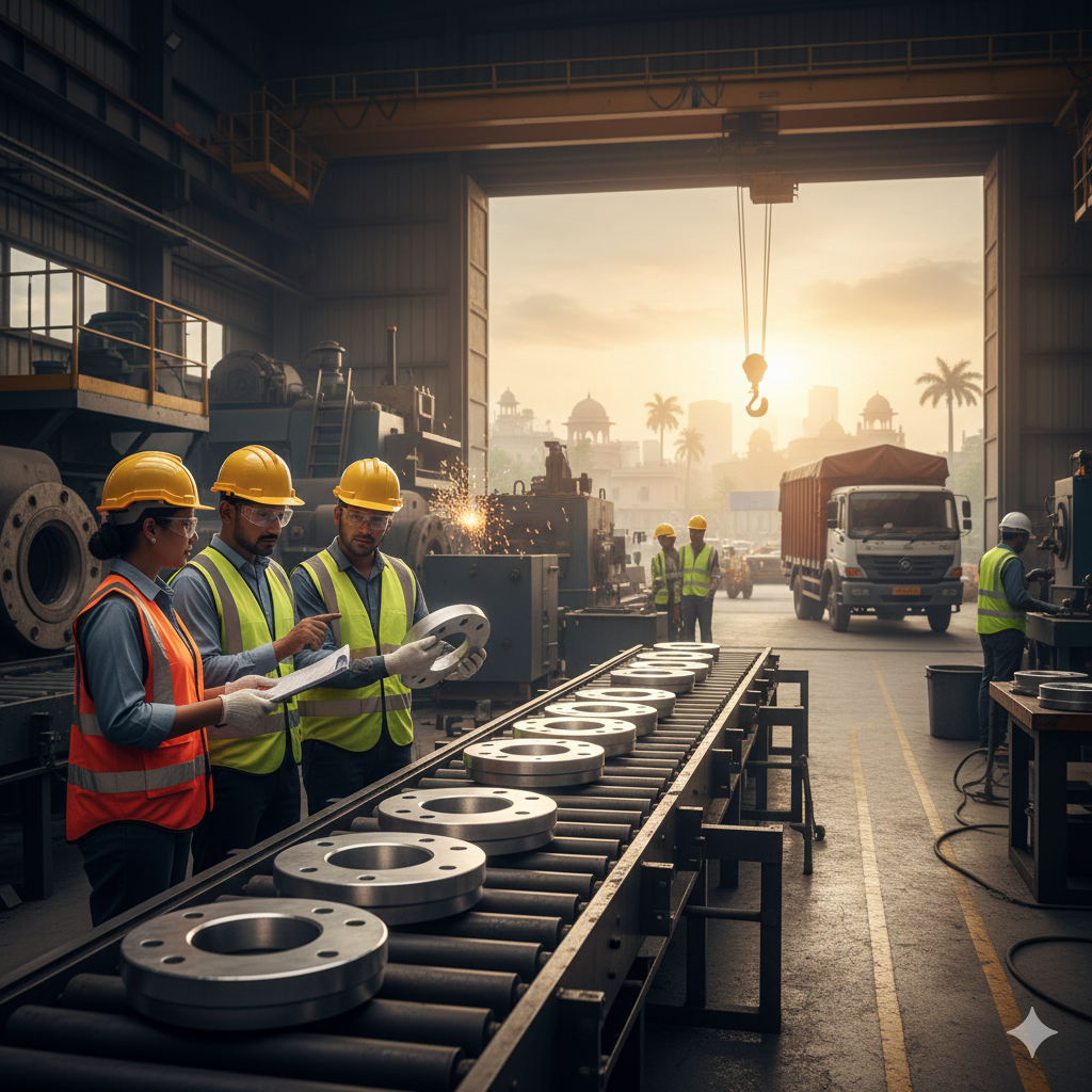 Galvanized iron (GI) pipe flanges and a navigation symbol in a well-stocked industrial warehouse, symbolizing a reliable manufacturer.