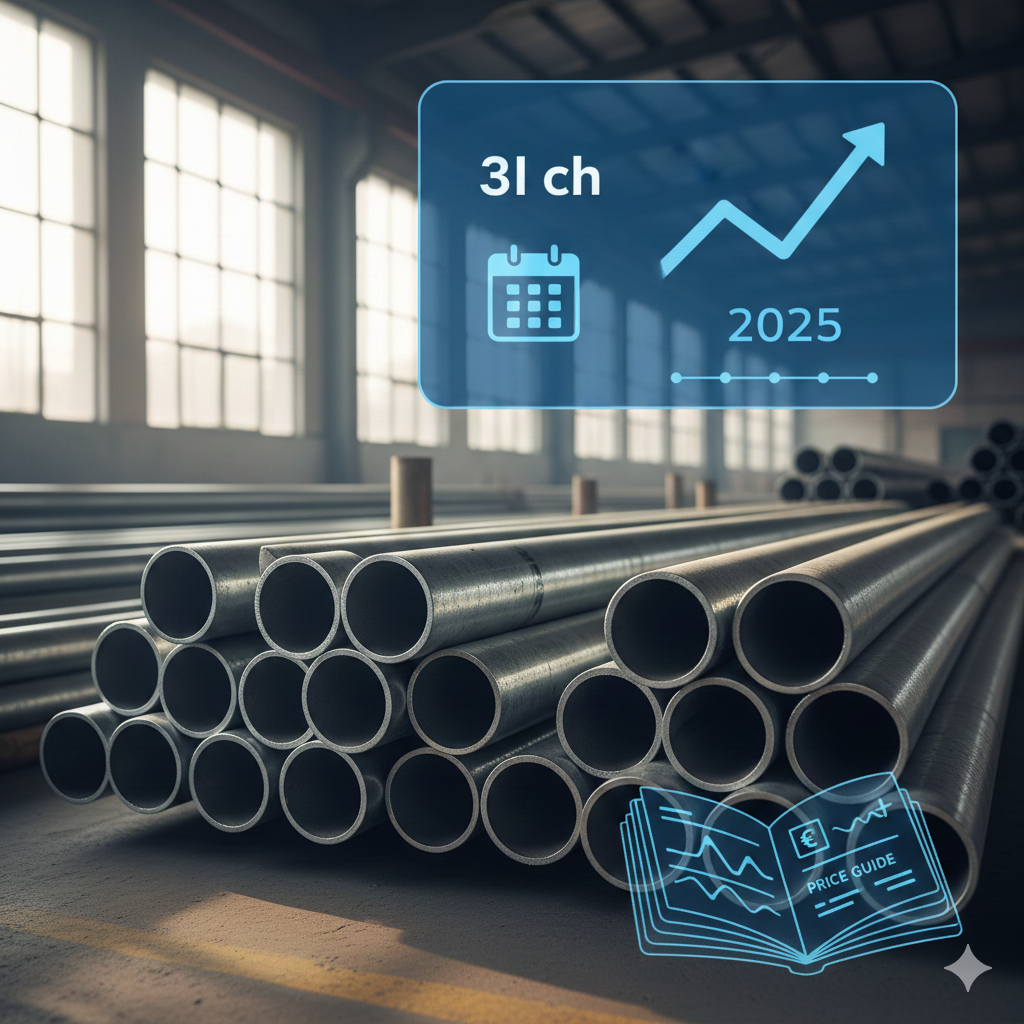 Stacked 3-inch GI pipes in a warehouse with a graphic overlay symbolizing a 2025 price forecast.