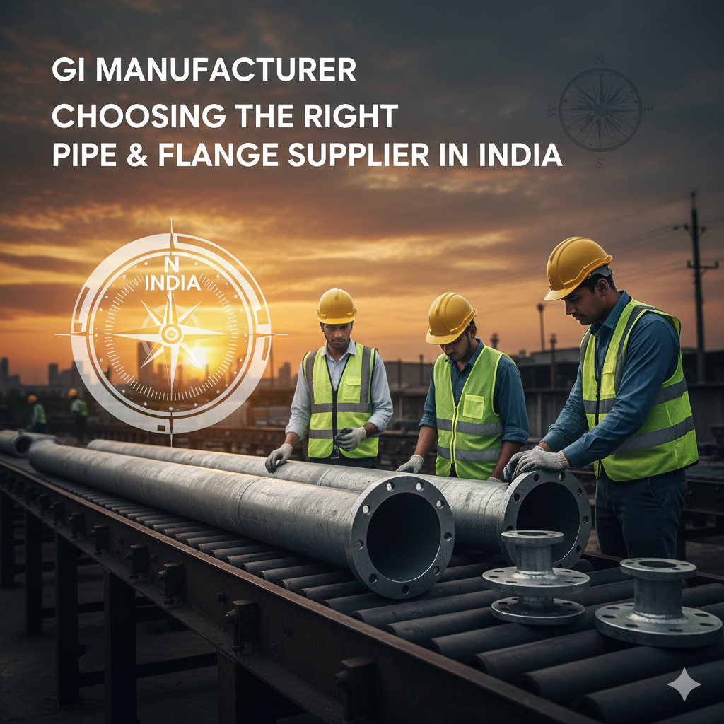 : Industrial setting with galvanized iron (GI) flanges and pipes on shelving, symbolizing the process of selecting the correct supplier in India.